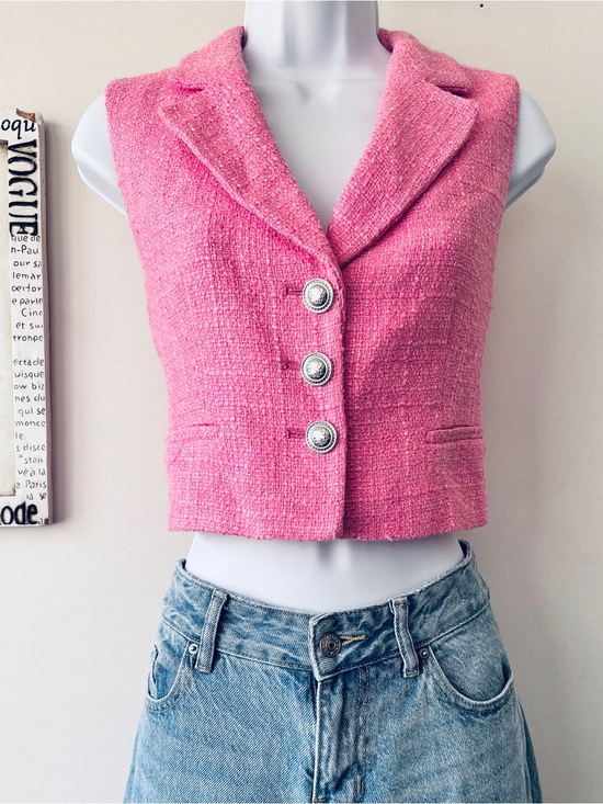 Zara Jackets & Blazers - Zara Pink Tweed Sleeveless Cropped Vest Size S